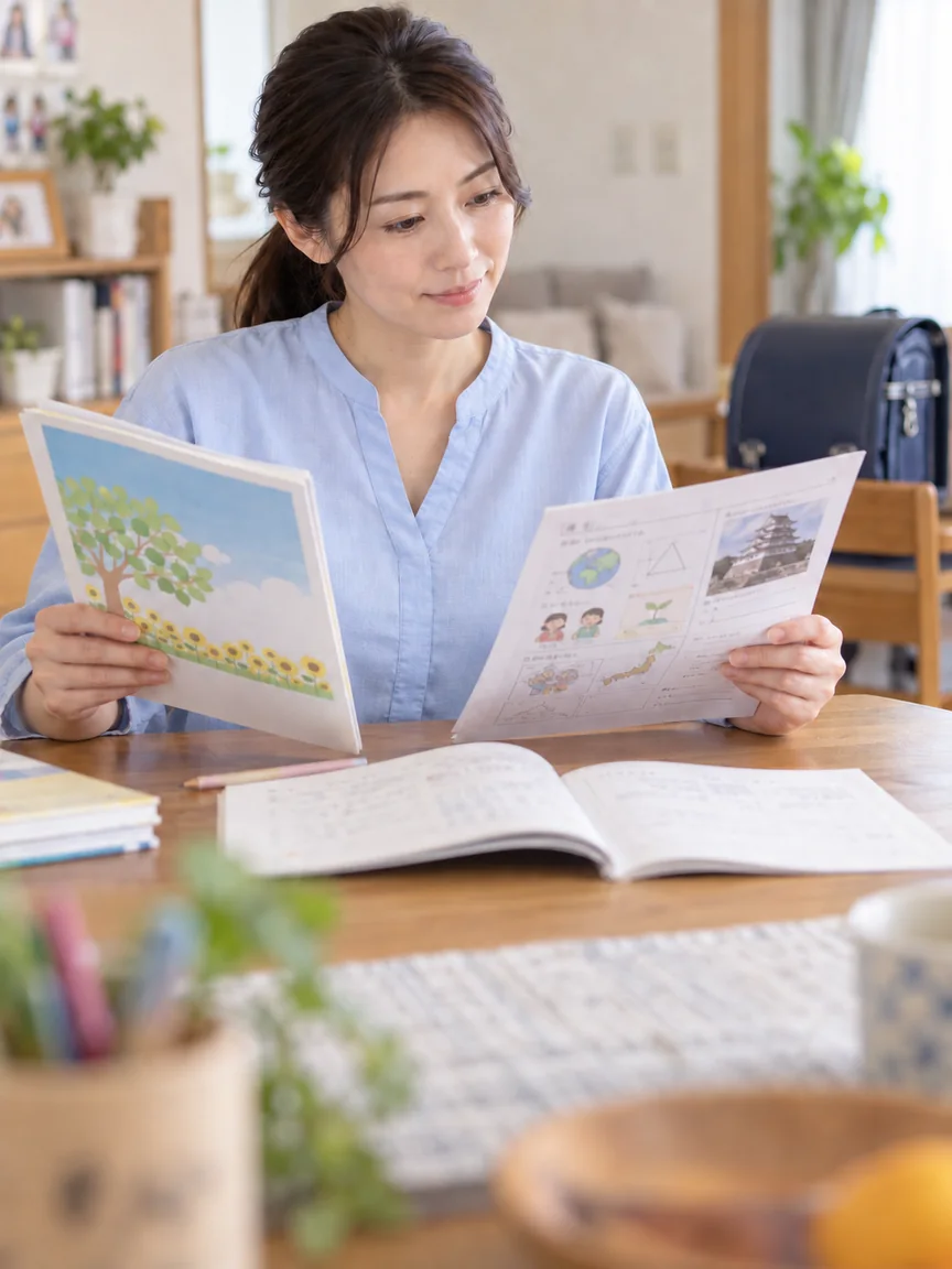 教材を見ながらお子さまの学習を考える保護者のイメージ