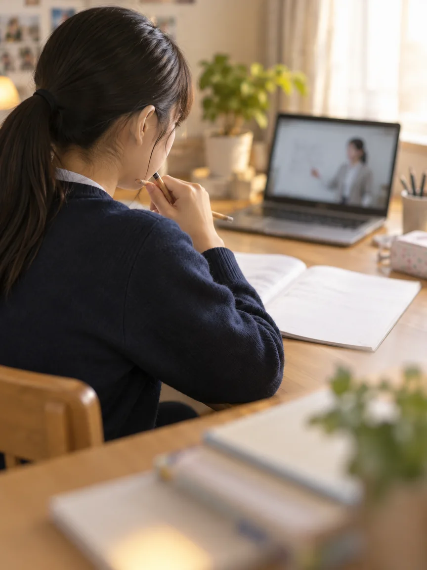 自宅でノートに向かい英文を考える生徒のイメージ