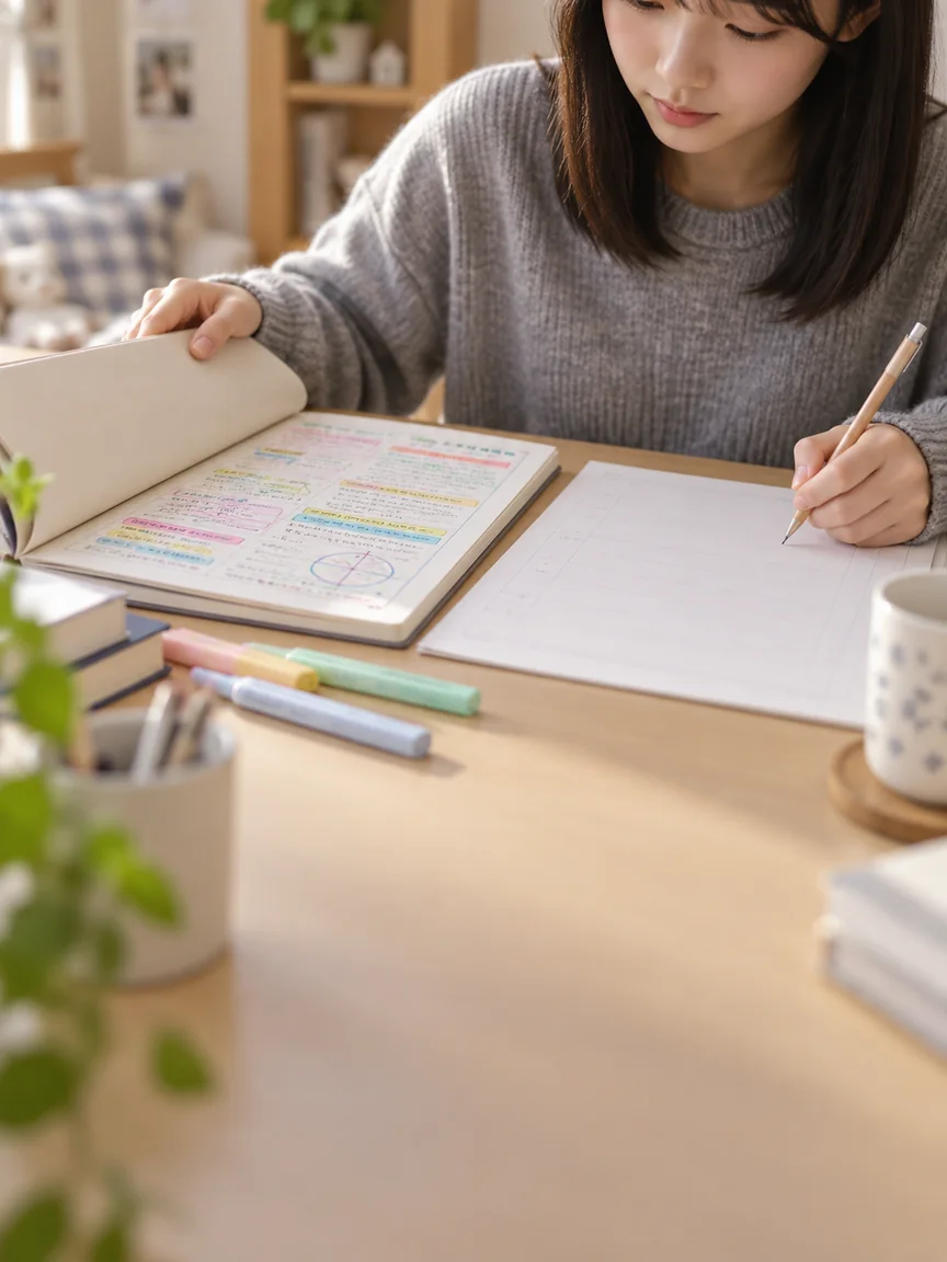 ノートを閉じて自分で答えを書こうとする生徒のイメージ